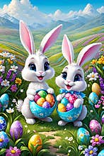 The cute and adorable rabbit deliver easter eggs with basket, at a whimsical field of flowers, cartoon style, bunnies, easter eve
