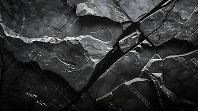 Generative AI Black rock texture Rough mountain surface with cracks Closeup Dark stone background with space for d