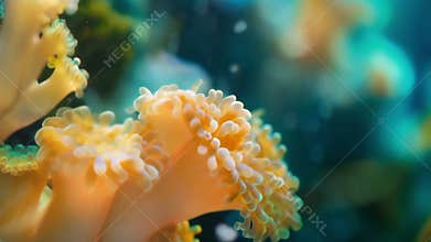 Closeup of a delicate coral polyp struggling to survive in a bleached and polluted coral reef ecosystem.