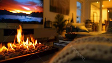 The warm glow of the fire and the captivating images on the TV create a dynamic and inviting ambiance in the room.