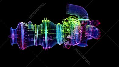 Digital particle formed form 3d model gas turbine engine. Abstract industrial equipment.