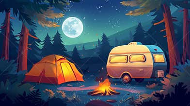 Camping trailer in the night forest. Modern illustration of retro van near tent and bonfire burning on glade, house on