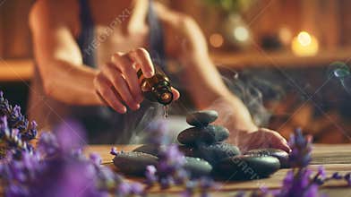 A woman pouring lavender oil onto hot stones in a sauna creating a relaxing and theutic aroma for her menopause