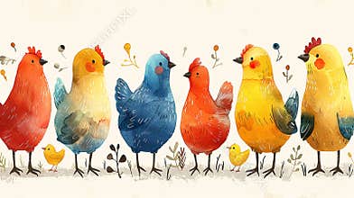 Colorful Watercolor Chickens in a Row