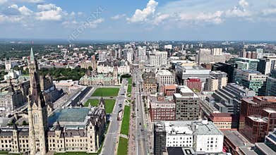 Drone flight above the Ottawa downtown, Canadian Parliament, Parliament Hill, House of Commons, and East Block in a
