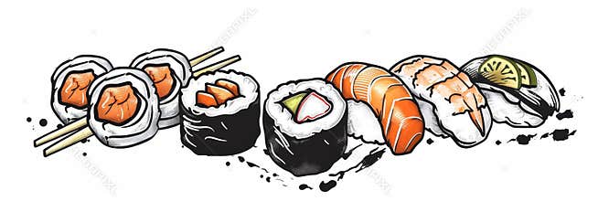 Sushi food logo, seafood rolls label, Japanese cuisine symbol, restaurant emblem, susi sticker, Asian menu