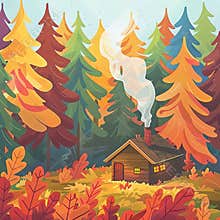 Cozy cabin in the autumn woods, smoke rising from chimney, surrounded by colorful fall foliage. Concept of autumn, nature,