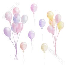 Watercolor illustration of hand painted helium air balloons of bright colors blue, purple, pink, yellow isolated on white. Clip