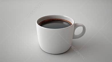 A white ceramic mug sits on a white surface, filled to the brim with rich, dark black coffee