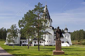 Monument to Prince Vladimir on the background of Saint Vladimir Skete church