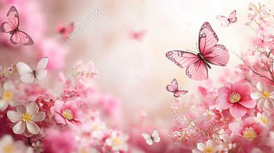 Spring pink background with sakura flowers and butterfly. Floral background.