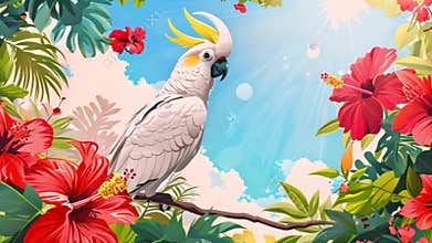 White cockatoo in tropical garden with red hibiscus flowers