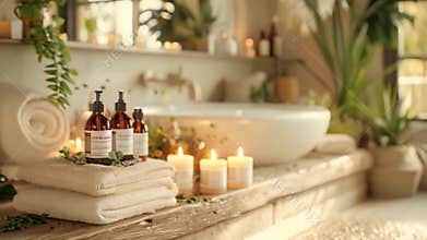 Cozy Home Spa Corner With Towels, Candles, and Bath Products