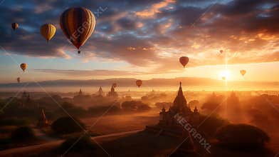 Breathtaking Sunrise Over Ancient City of Bagan with Hot Air Balloons