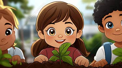 Kids learn sustainability outdoors during Global Education Week, planting trees and discussing the environment