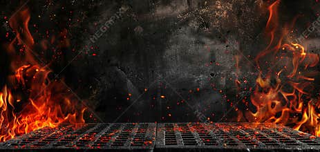 Hot empty portable barbecue BBQ grill with flaming fire and ember charcoal on black background