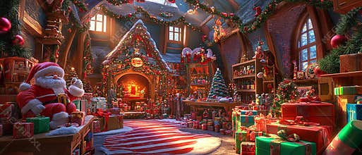 Santa's Workshop Filled with Toys, Candy Canes, and Festive Decorations