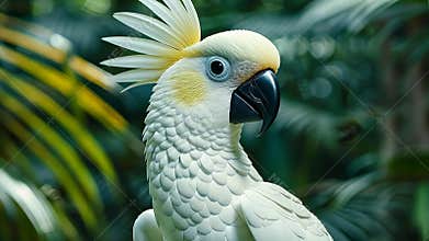 White cockatoo in lush green jungle setting