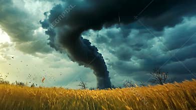 Large tornado forming over field of wheat