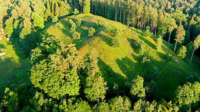 Scenic aerial view of Stirniai mound. Neris Regional Park, Vilnius, Lithuania.
