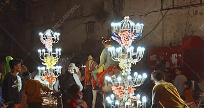 Agra, Uttar Pradesh, India. Indian Hindu Wedding Procession Of Baraat, With Bridegroom On Horse, Led By Brass Band
