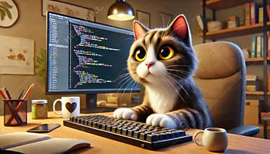 Cute cat programmer at work desk with computer monitor and coffee mug AI