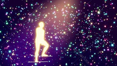 a glowing man climbing the steps in the astral space
