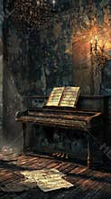 Abandoned Piano in a Dimly Lit Vintage Room