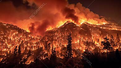 A mountainside forest is consumed by flames during a wildfire. The fire is so intense that it is lighting up the night sky. Smoke