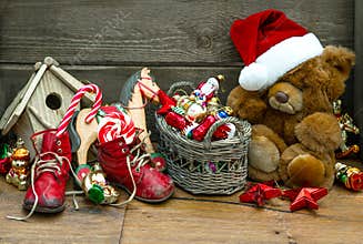Nostalgic christmas decoration with antique toys