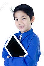 Happy Asian child with tablet computer on isolated background