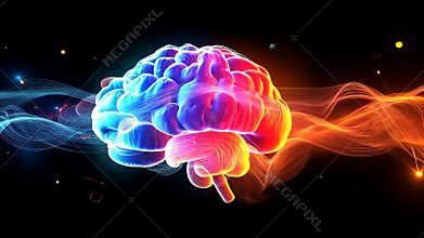 The vivid digital illustration shows a brain surrounded by colorful waves, symbolizing the integration of creativity and