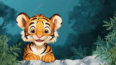 Cute tiger cub in a lush jungle illustration with a playful expression