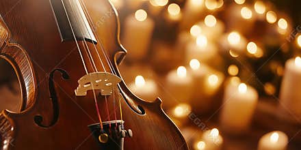 Warm ambiance with violin and candlelight bokeh for a cozy musical evening