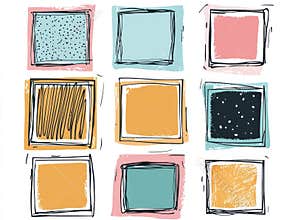 A hand-drawn collection of paper stickers, photo frames, and picture borders in a doodle sketch style, featuring square