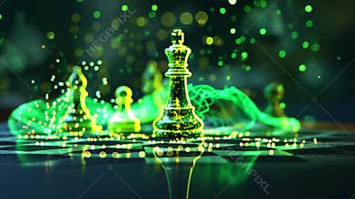 Blurred illuminated chess pieces on a dark board, reflecting light