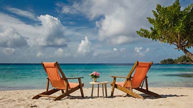 Two orange beach chairs inviting to relax on tropical sandy beach