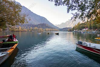 Landscape of Upper Kachura lake in Skardu, Pakistan. Tourists can enjoy trekking, hiking and boating. The lake is surrounded by