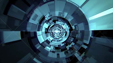 Flying in blue tunnel with smoothly morphing digital glitch elements and bright light effect