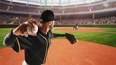 Young man, baseball player during game serving ball, playing on 3D render open air arena, baseball stadium with fans