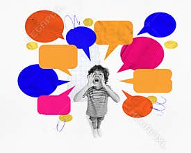 Poster. Contemporary art collage. Child holds hands near mouth and shouting with vivid colorful speech bubbles. Copy