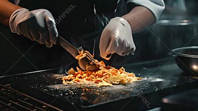Chef cooking pasta in a restaurant kitchen, close up. Chefs hands close up cooking, AI Generated