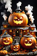 A mysterious house of hollowed-out pumkins, cheerful, welcoming faces, smoke curling from the chimneys, t-shirt prints, horor