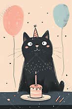 modern doodle illustration happy birthday cat
