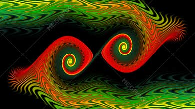 Mirroring spirals with wavy stripes tails revolve.