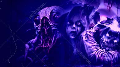 animation - Terrifying fantasy creatures in a dark, dramatic setting
