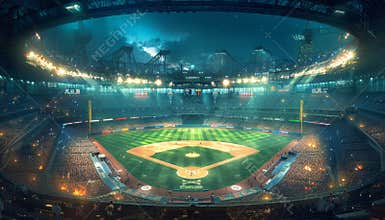 A baseball stadium with a crowd of people watching a game by AI generated image