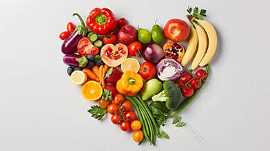 Generative AI Fruits and vegetables arranged in a heart shape healthy food and nutrition concept isolated business