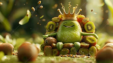 A hilarious sight of a kiwi king with a crown made of kiwi fruit sitting on a throne made entirely out of kiwi seeds