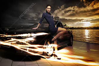 Amazing beauty woman posing next to her car, fantastic landscape background